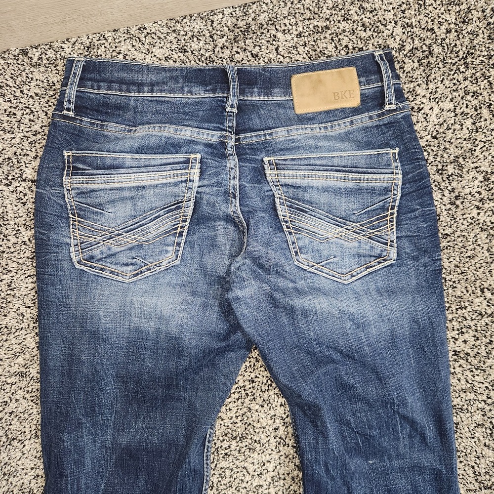 Bke Jake Straight Jeans Men's 30x34 Darkwash Stretch Faded Front Thick Stitch